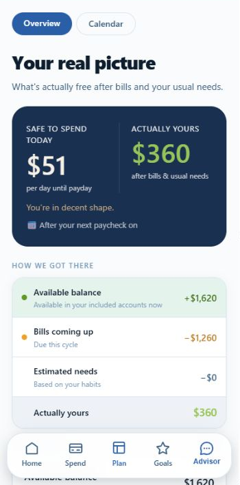 Ground showing $51 safe to spend today and $360 actually yours