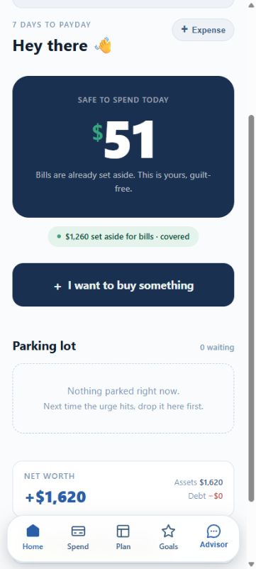 Ground showing a clear Safe to Spend number and the Parking Lot